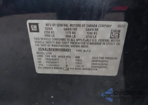 2017 Chevrolet Equinox Ls z USA, uszkodzony, nr VIN 2GNALBEK8H1606431